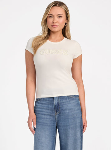 GUESS Womens White Pony Hair Logo T-Shirt W5GI42J1314 Front View