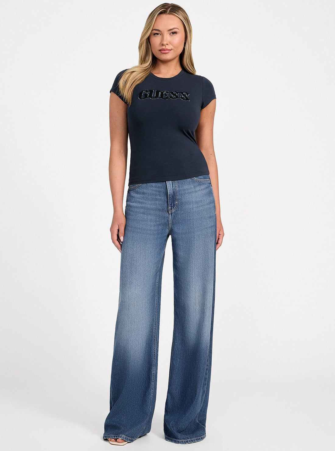 GUESS Womens Blackened Blue Pony Hair Logo T-Shirt W5GI42J1314 Full View