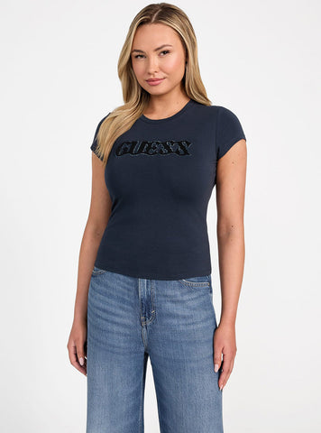 GUESS Womens Blackened Blue Pony Hair Logo T-Shirt W5GI42J1314 Front View