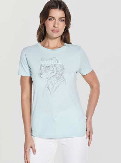 GUESS Womens Green Sketch Face Easy T-Shirt W5GI50K9SN1 Front View