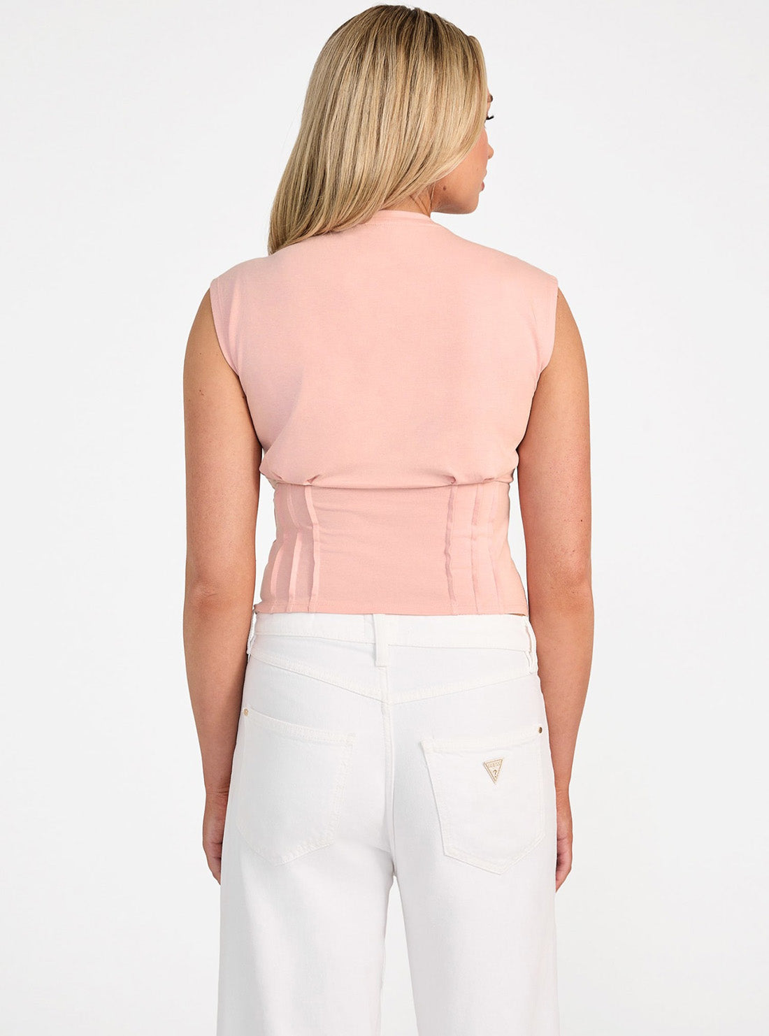 GUESS Womens Eco Pink Palm Leaf Corset T-Shirt W5GI61K49A1 Back View