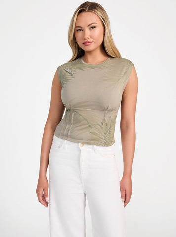 GUESS Womens Eco Green Palm Leaf Corset T-Shirt W5GI61K49A1 Front View