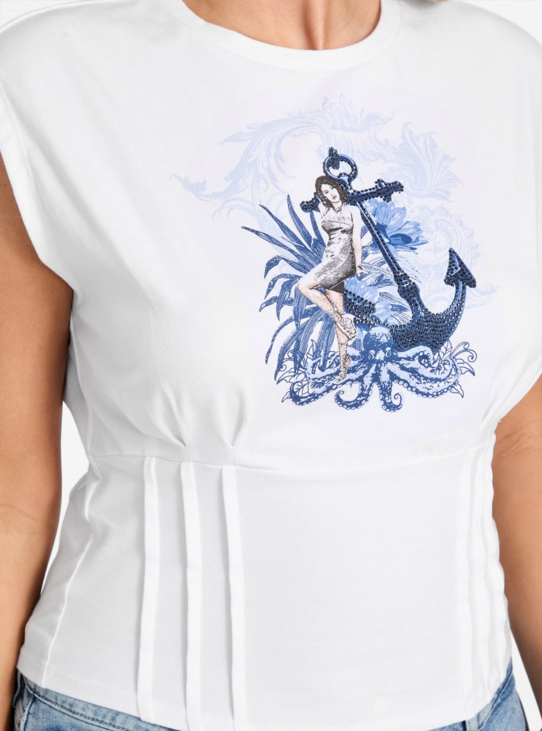 GUESS Womens Eco White Nautical or Nice Corset T-Shirt W5GI63K49A1 Detail View