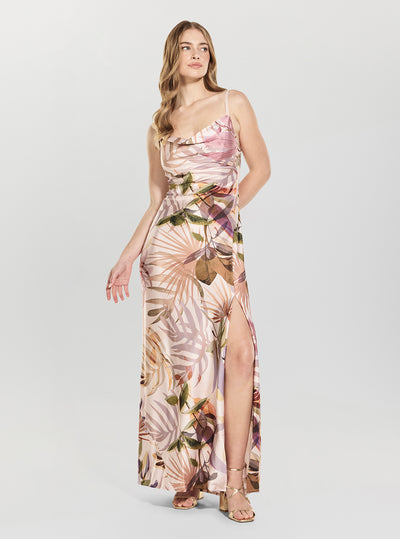 GUESS Womens Sarika Palm Print Adèle Lace Neckline Maxi Dress W5GK10WF1T2 Front View