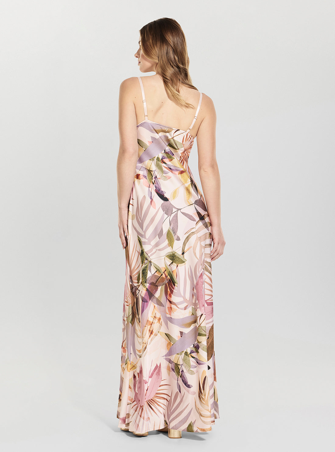 GUESS Womens Sarika Palm Print Adèle Lace Neckline Maxi Dress W5GK10WF1T2 Back View