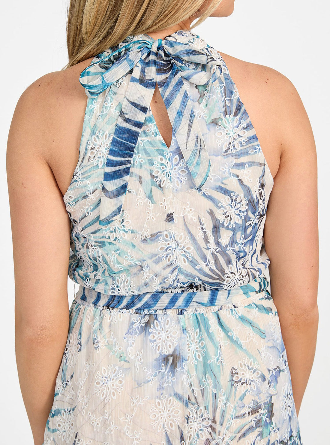 GUESS Womens Blue Palm Print Daniele Mini Flare Dress Back Detail View