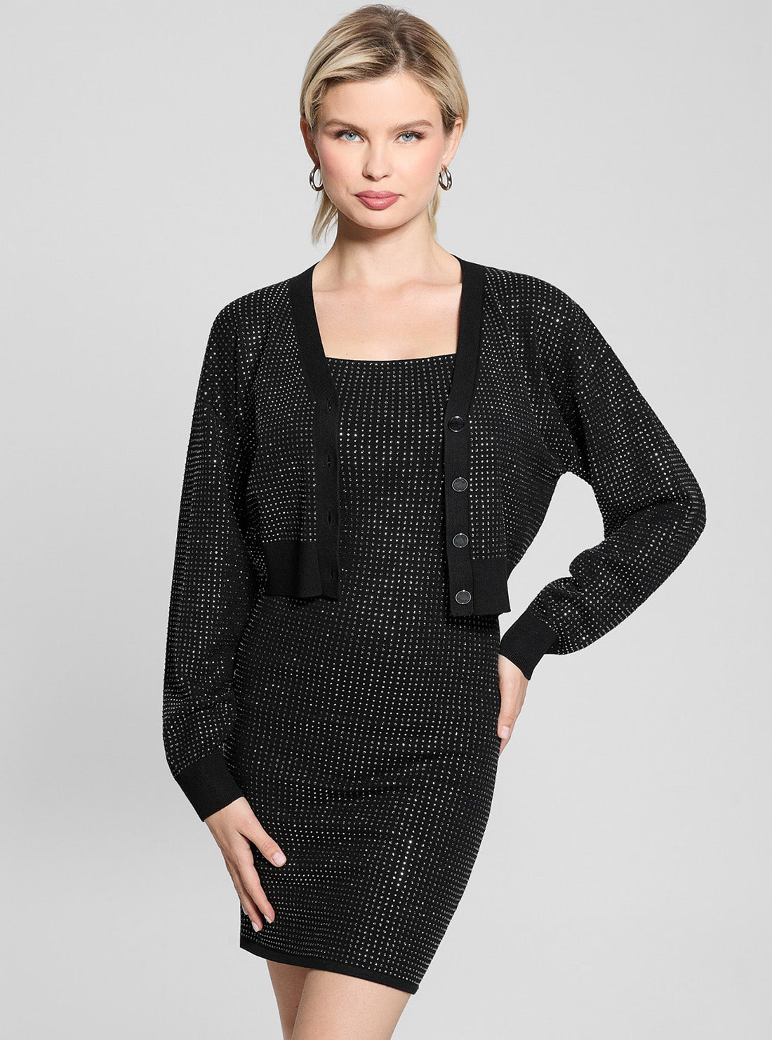 GUESS Womens Black Khloe Rhinestones Mini Dress W5GK45Z3MN2 Front View