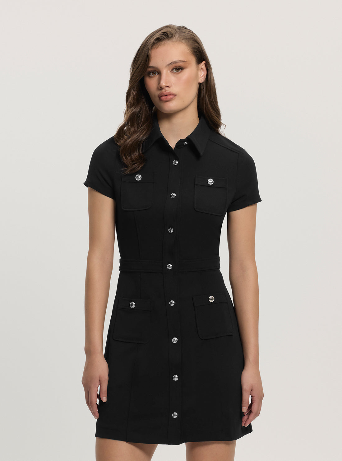 GUESS Women Black Elastic Elora Pockets Mini Dress W5GK70KCBO2 Front View