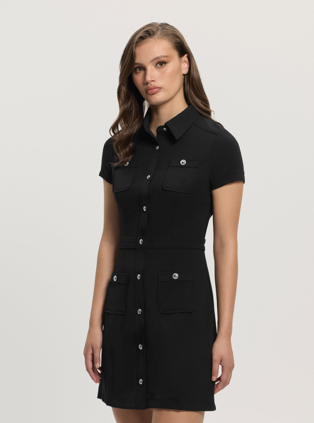 GUESS Women Black Elastic Elora Pockets Mini Dress W5GK70KCBO2 Side View