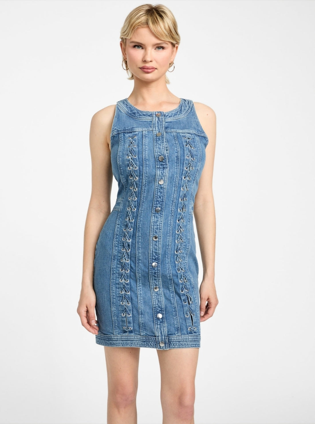 GUESS Women's Blue Lisbeth Mini Denim Dress W5GK93D4H7C Front View
