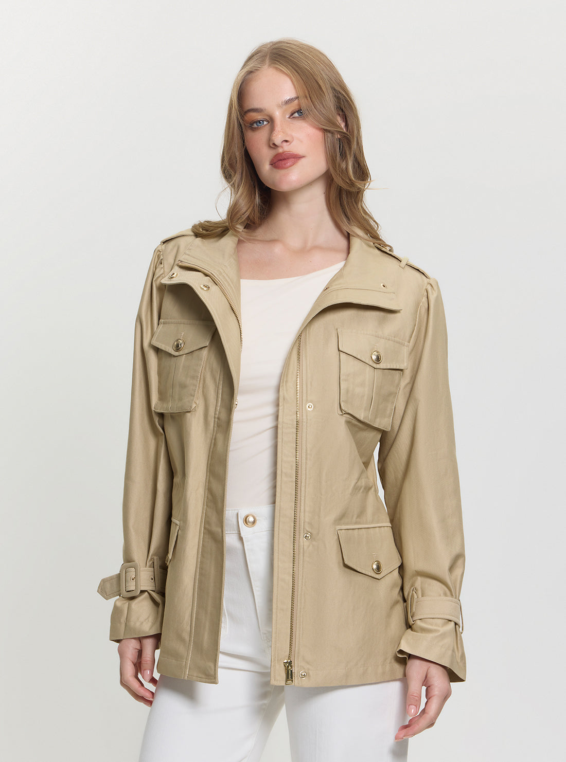 GUESS Women's Beige Emma Field Utility Jacket W5GL19WGO32 Front View