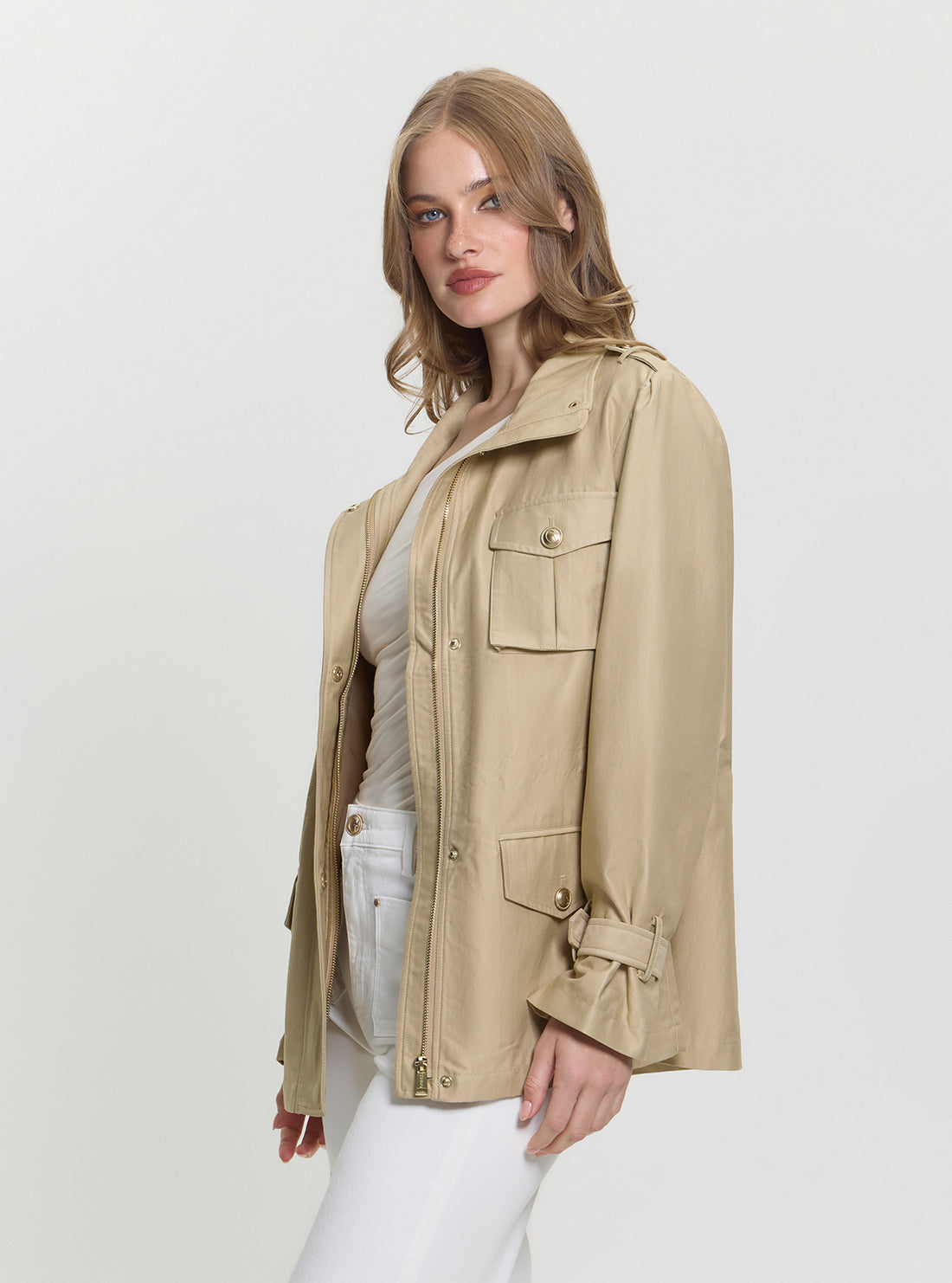 GUESS Women's Beige Emma Field Utility Jacket W5GL19WGO32 Side View
