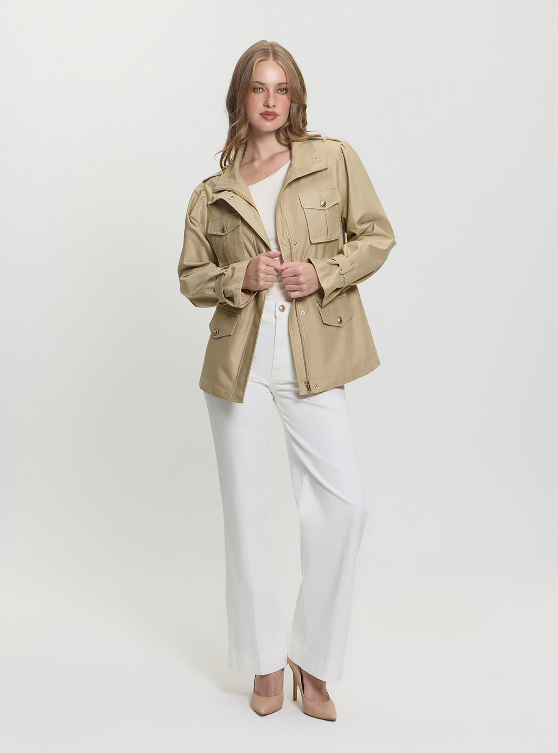 GUESS Women's Beige Emma Field Utility Jacket W5GL19WGO32 Full View