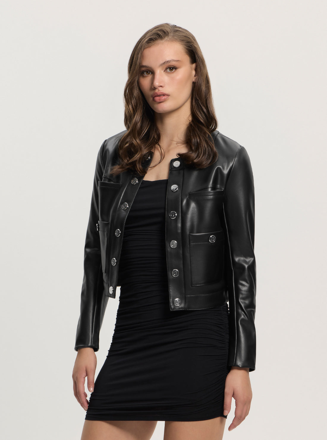 GUESS Womens Black Nova Leather Jacket W5GL25K8S30 Side View