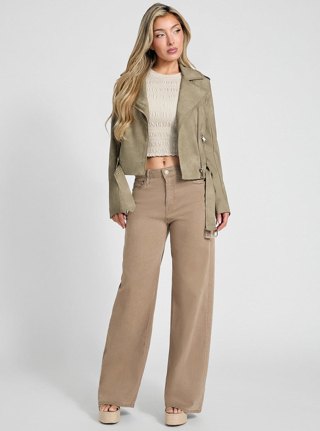 GUESS Womens Green Concetta Biker Jacket W5GL30WHA90 Full View