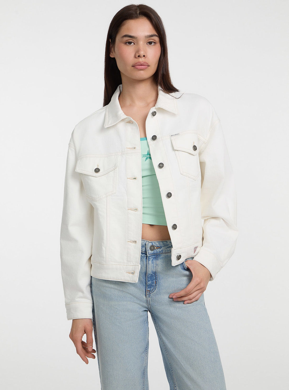 Guess Jeans White Oversize Trucker Jacket W5GN56D5M62 Front View