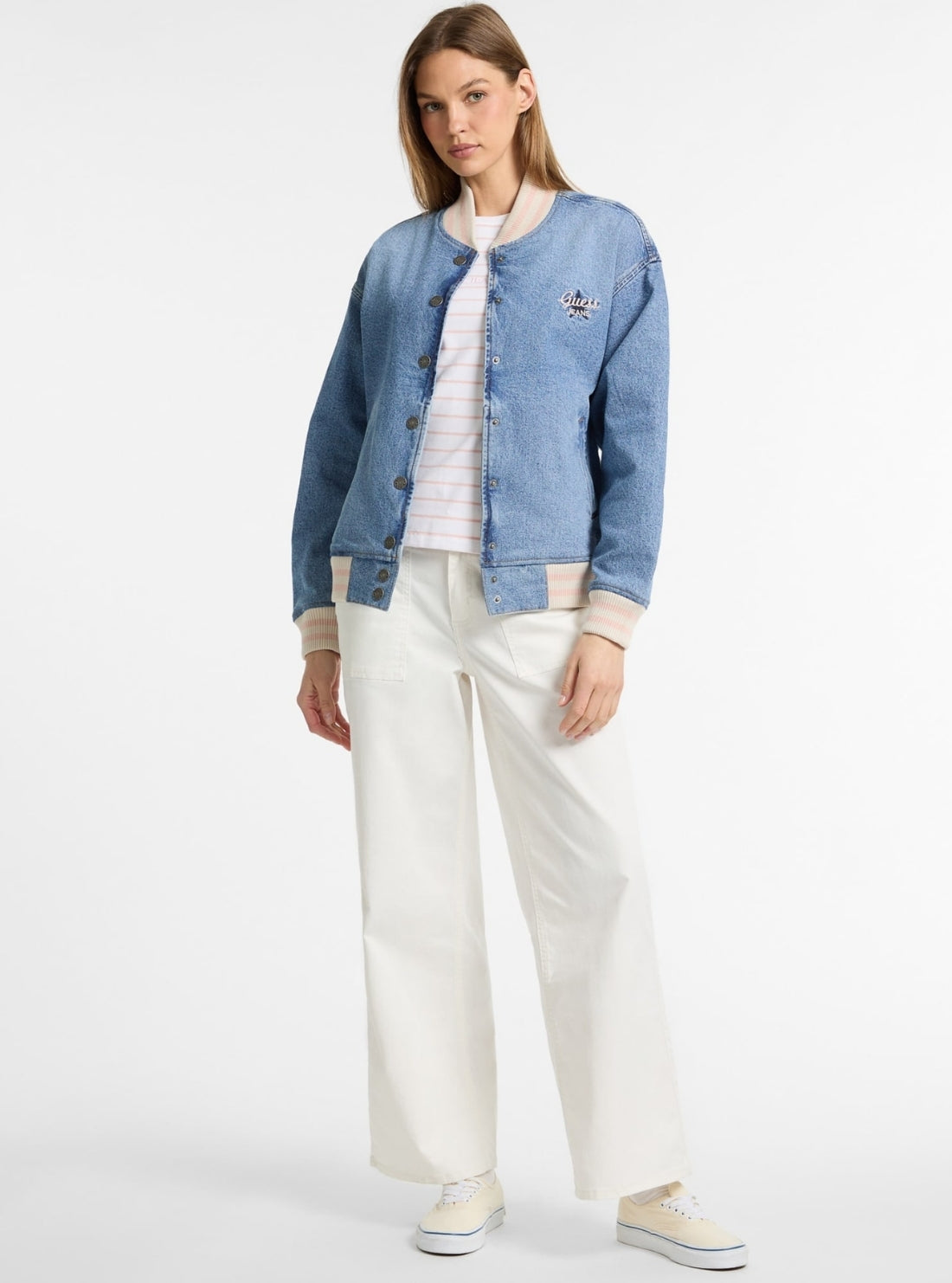 Guess Jeans Eco Blue Denim Varsity Jacket W5GN75D5M4A Full View