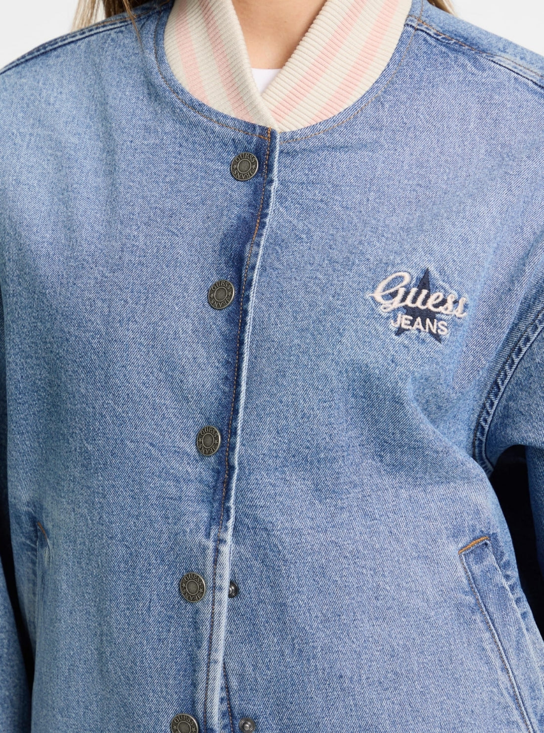 Guess Jeans Eco Blue Denim Varsity Jacket W5GN75D5M4A Detail View