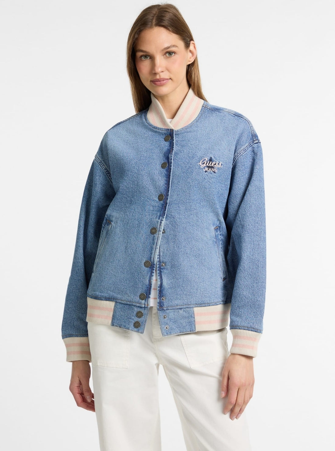 Guess Jeans Eco Blue Denim Varsity Jacket W5GN75D5M4A Front View_2