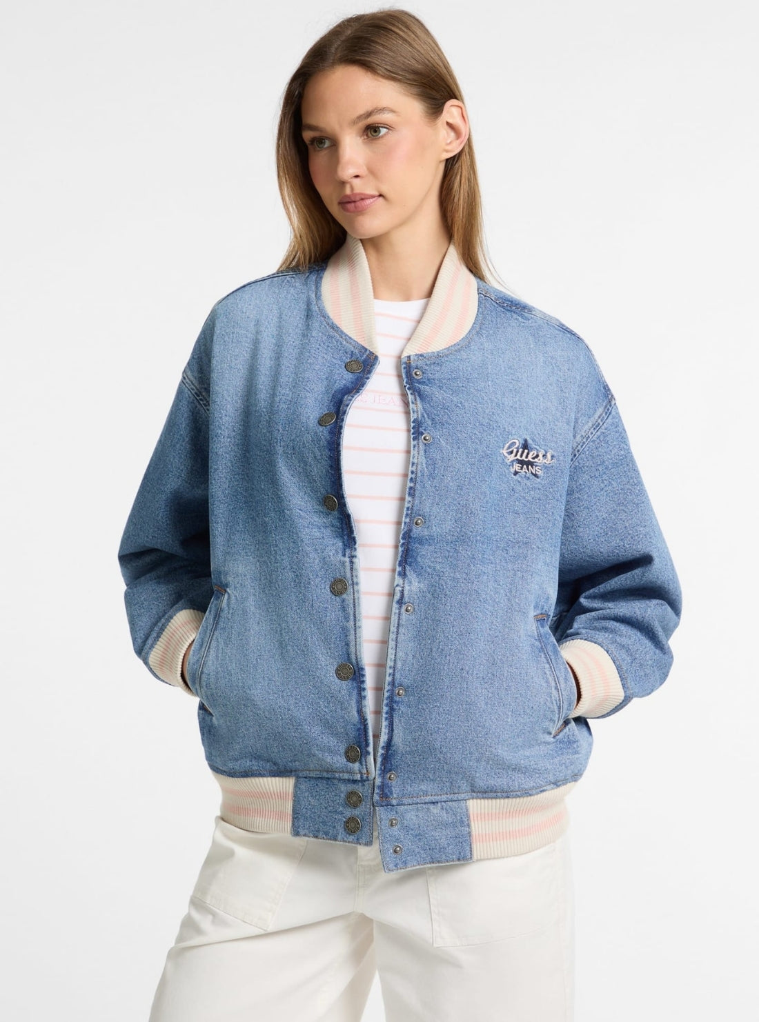 Guess Jeans Eco Blue Denim Varsity Jacket W5GN75D5M4A Front View