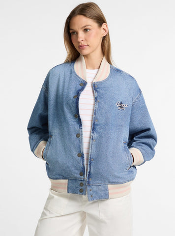 Guess Jeans Eco Blue Denim Varsity Jacket W5GN75D5M4A Front View