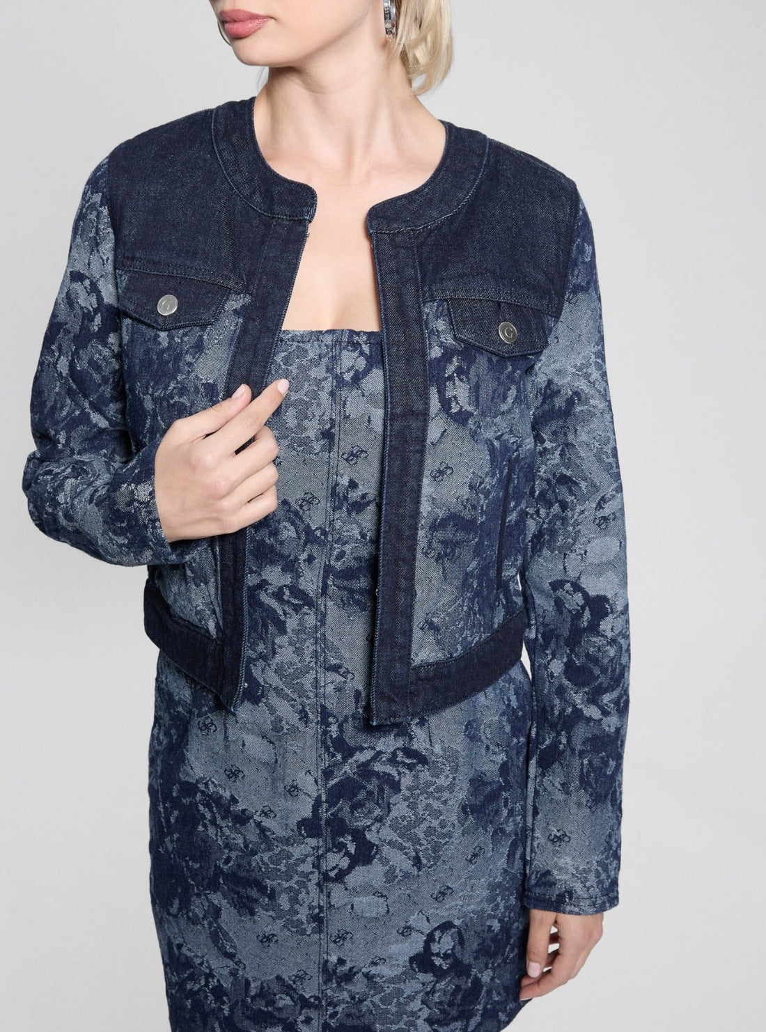 GUESS Womens Blue Finley Jacquard Denim Jacket W5GN79D5O70 Detail View