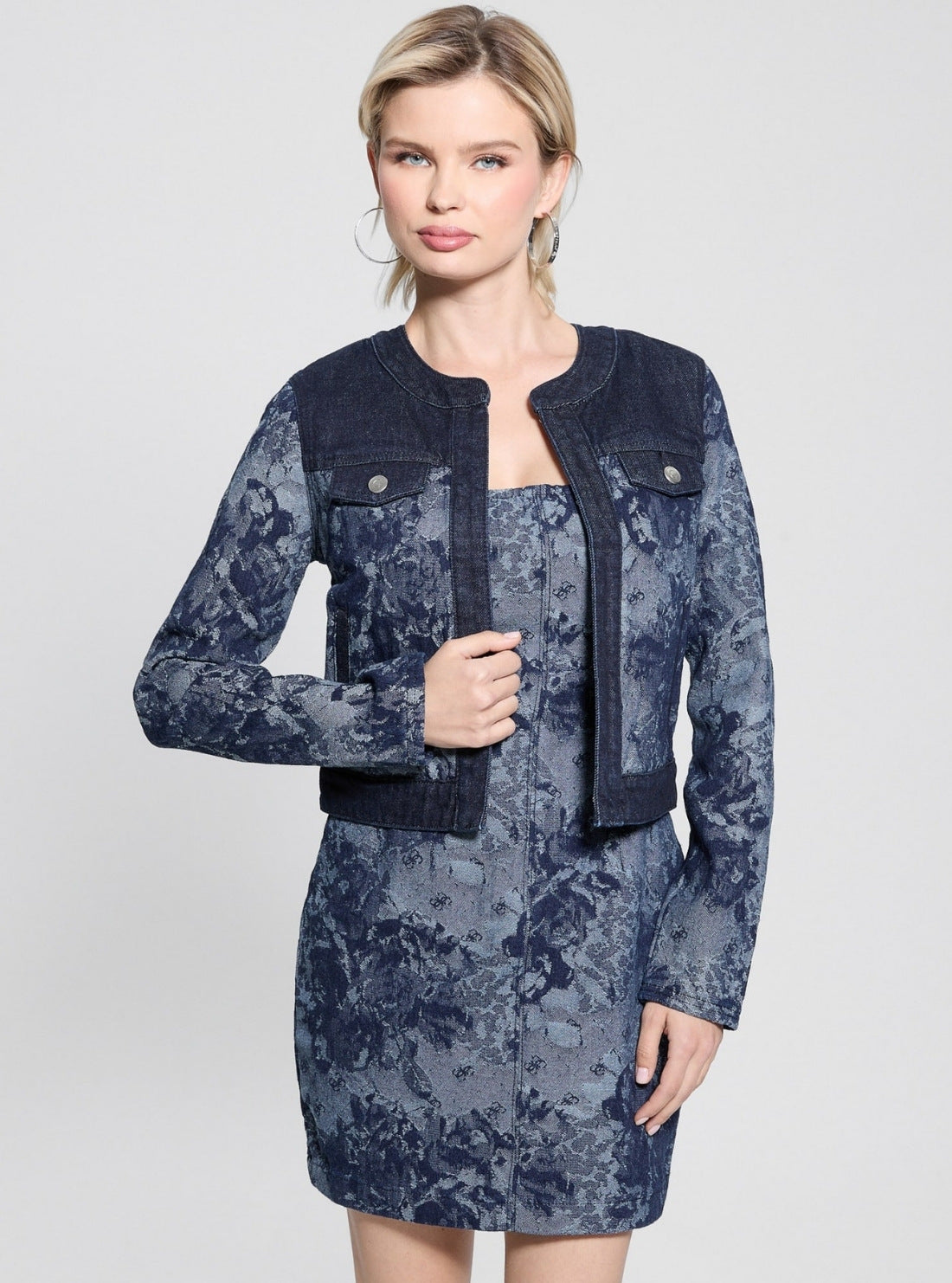 GUESS Womens Blue Finley Jacquard Denim Jacket W5GN79D5O70 Front Side View