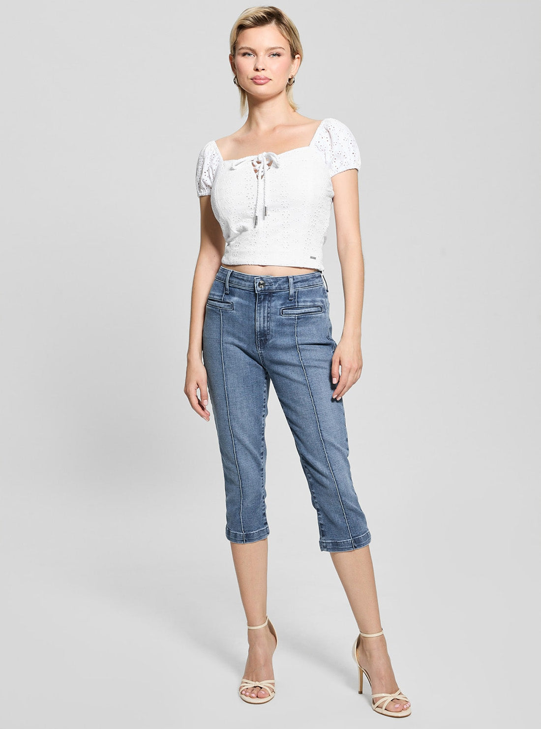 GUESS Womens Eco White Eliane Eyelet Puffed Top W5GP13KCVA1 Full View