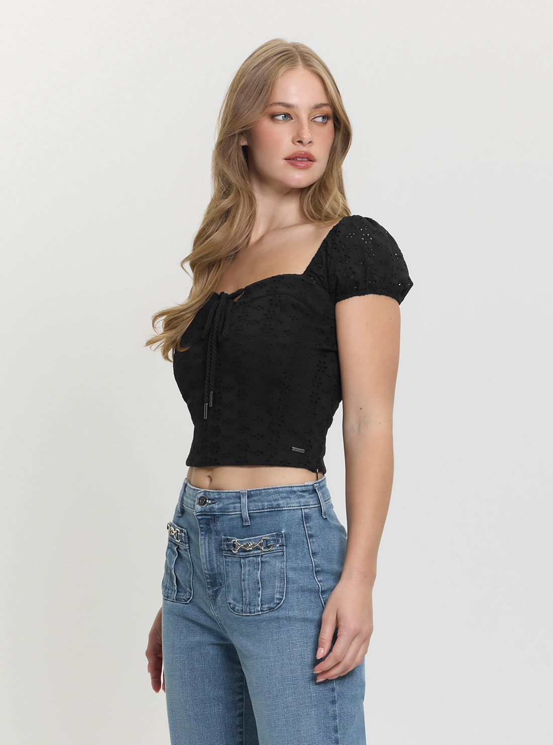 GUESS Womens Black Eliane Puffed Cropped Top W5GP13KCVA1 Side View