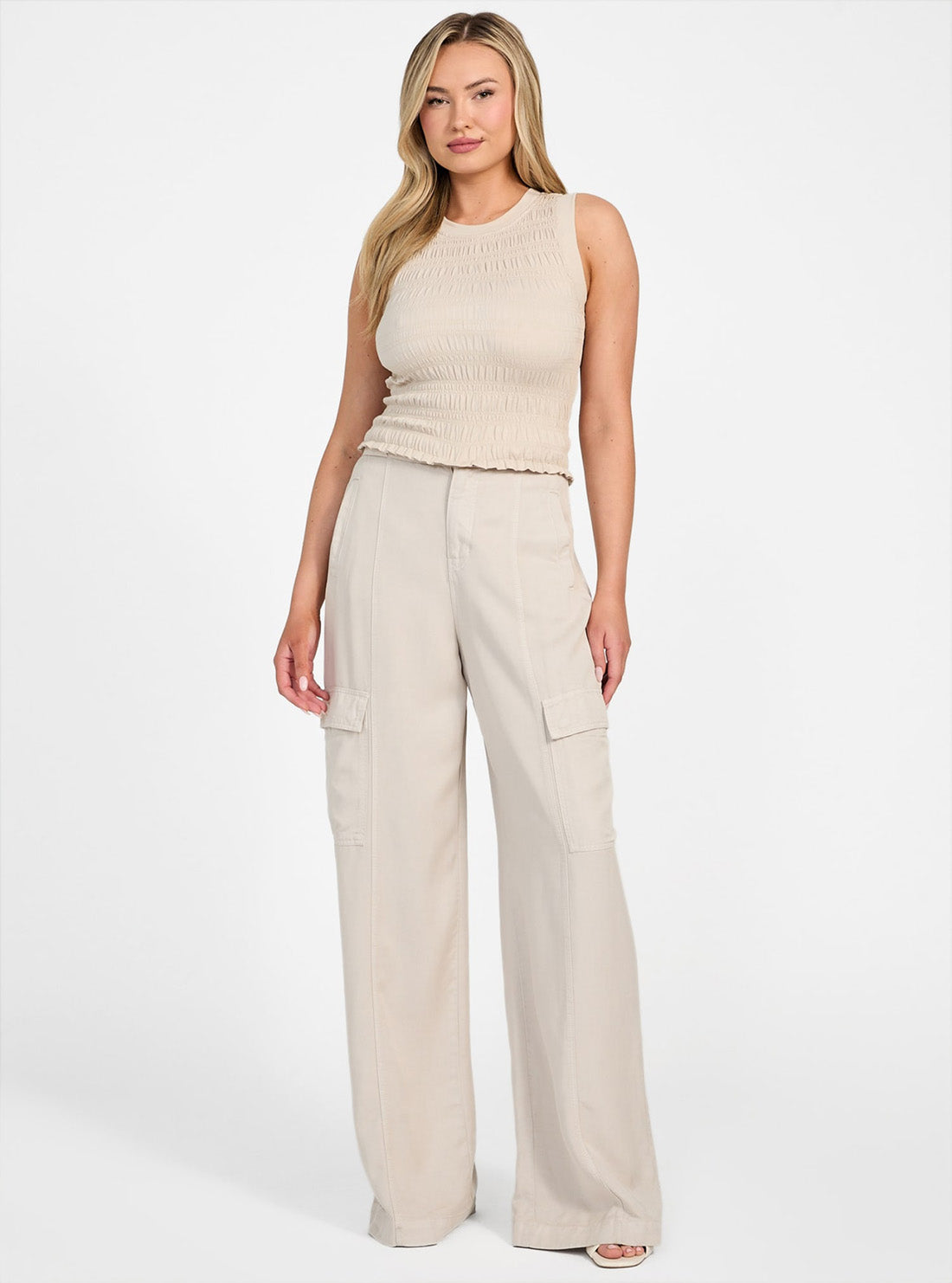 GUESS Womens Beige Claire Smock Tank Top W5GP17KCSA2 Full View