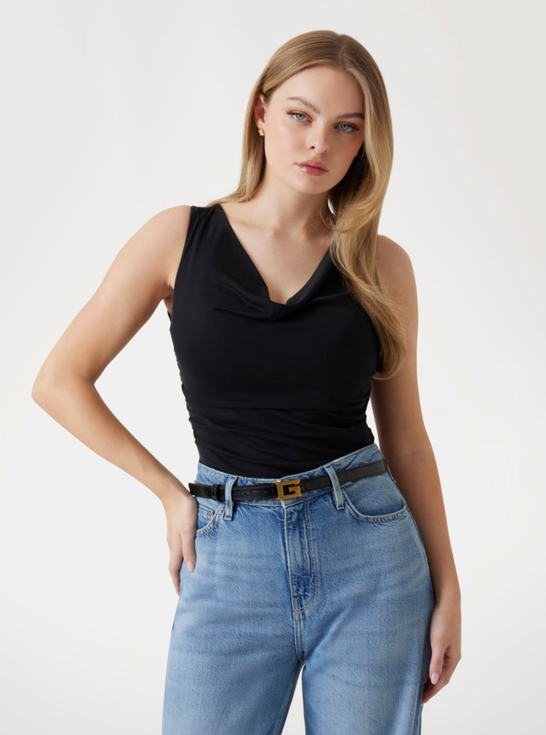 GUESS Womens Black Cowl Neck Rika Top W5GP39KCSZ2 Front View