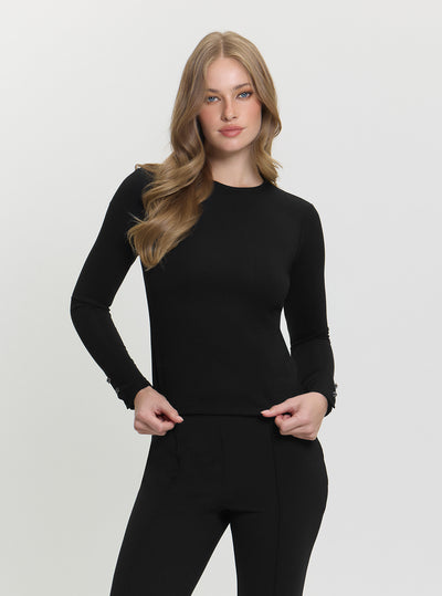 GUESS Womens Black Long Sleeve Ribbed Jodie Top W5GP42KCTC2 Front View