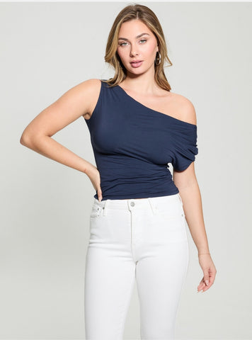 GUESS Womens Blue Dolman Off Shoulder Miraya Top W5GP46KACM2 Front View