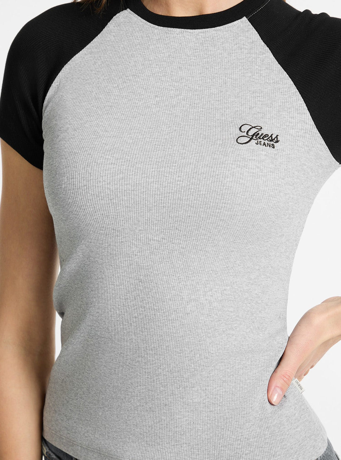 Guess Jeans Grey Raglan Embroidered Slim T-Shirt W5GP61KA0H1 Detail View