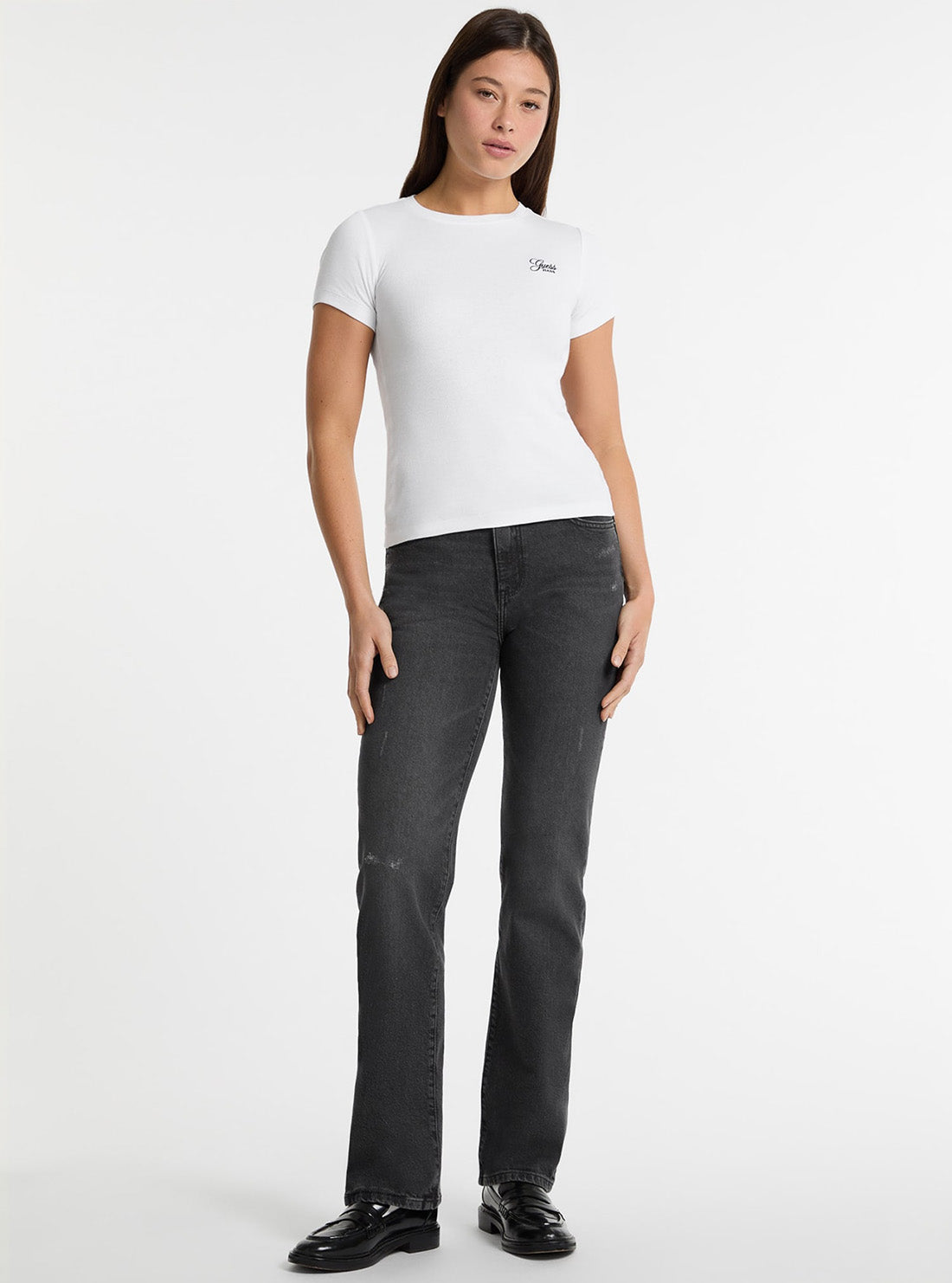 Guess Jeans White Embroidered Slim Knit Top W5GP62KA0H1 Full View