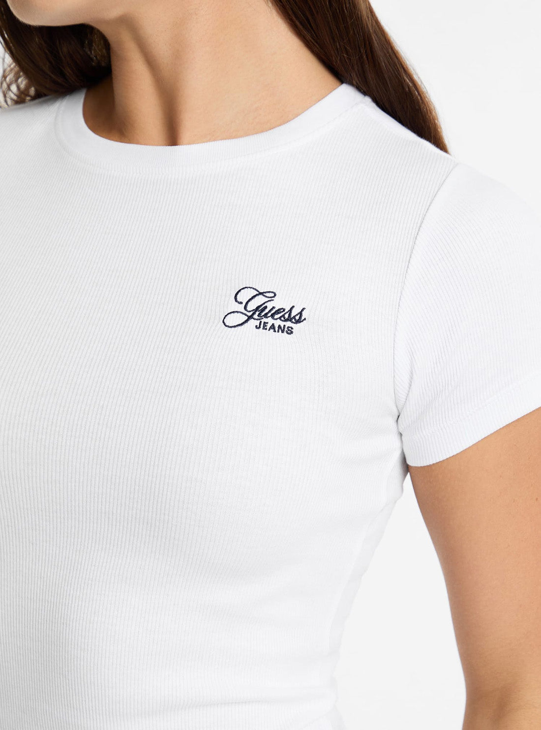 Guess Jeans White Embroidered Slim Knit Top W5GP62KA0H1 Detail View