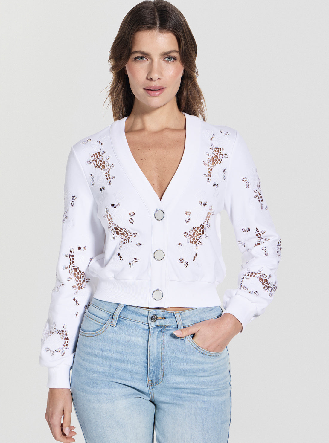 GUESS Womens White Cut-Out Fleece Cardigan W5GQ11KCWY1 Front View