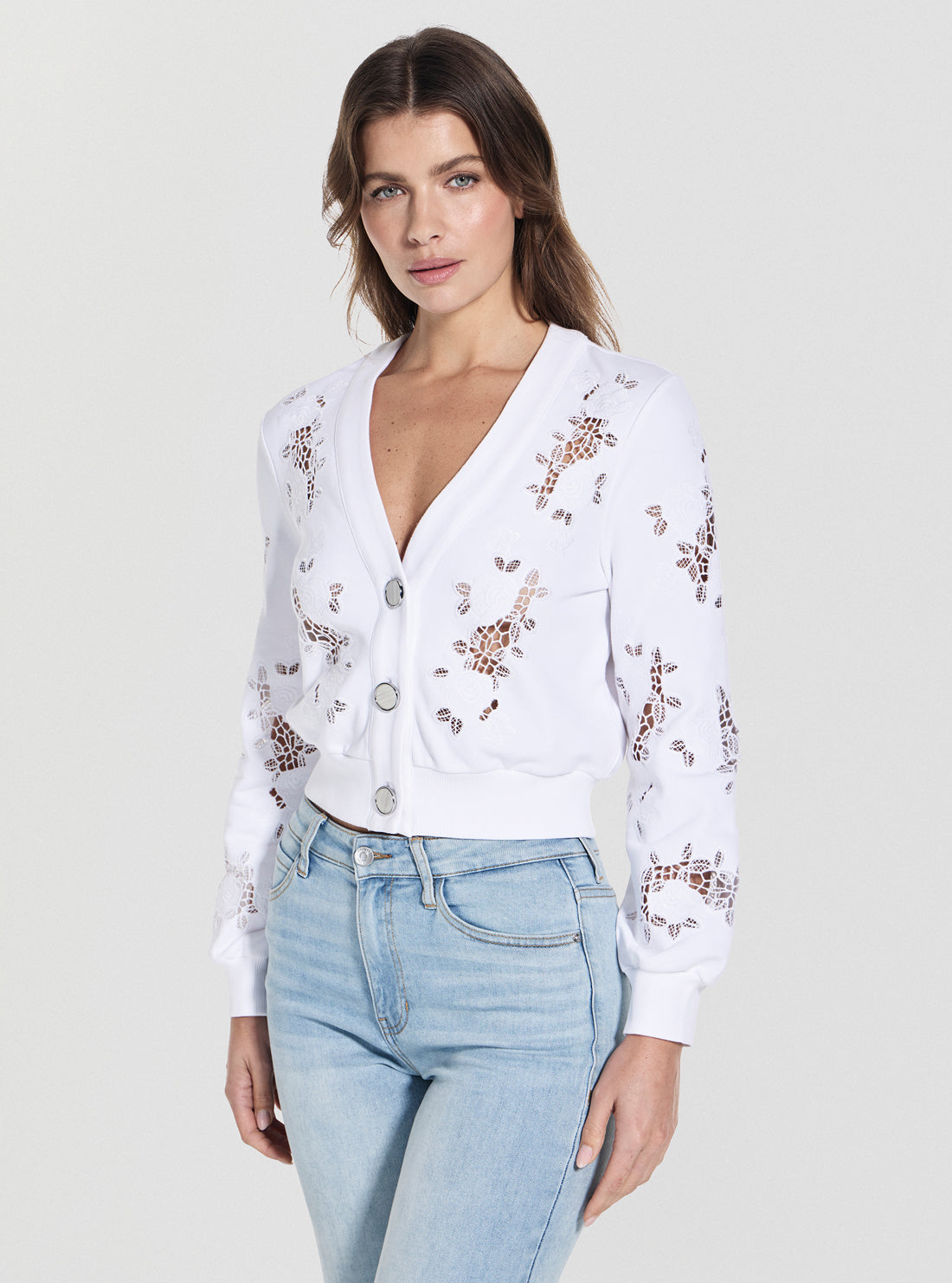 GUESS Womens White Cut-Out Fleece Cardigan W5GQ11KCWY1 Front Side View