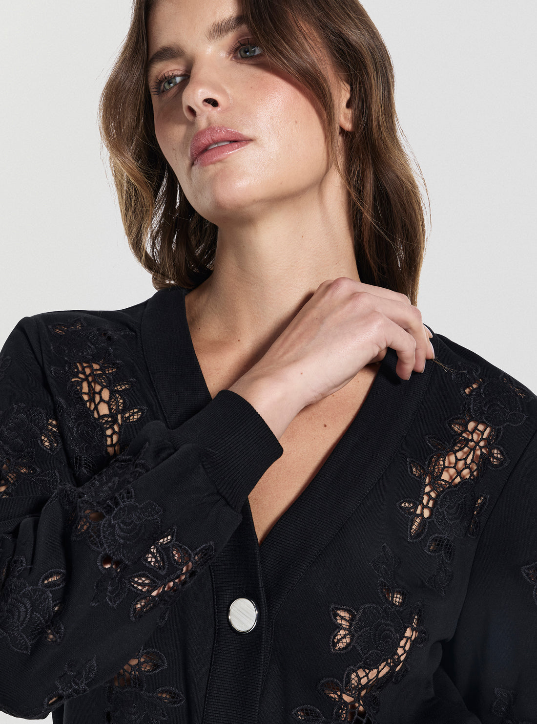 GUESS Womens Black Cut-Out Fleece Cardigan W5GQ11KCWY1 Detail View