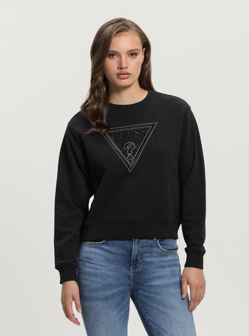 GUESS Womens Black Lace Triangle Fleece Sweatshirt W5GQ12KBKM0 Front View