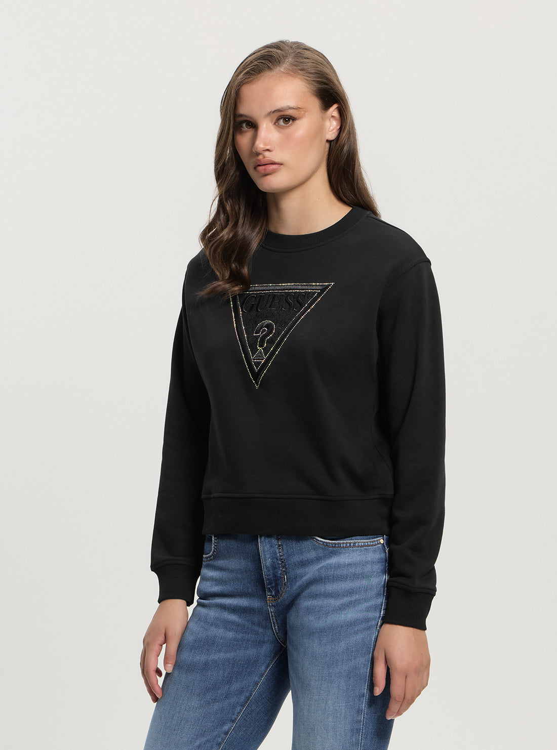 GUESS Womens Black Lace Triangle Fleece Sweatshirt W5GQ12KBKM0 Front Side View