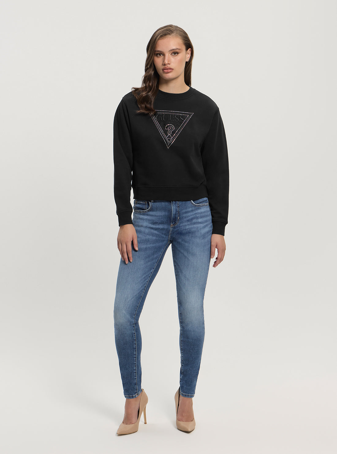 GUESS Womens Black Lace Triangle Fleece Sweatshirt W5GQ12KBKM0 Full View