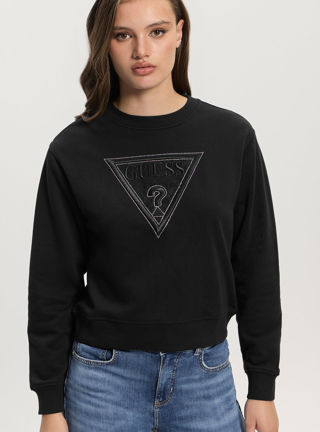 GUESS Womens Black Lace Triangle Fleece Sweatshirt W5GQ12KBKM0 Front View_2