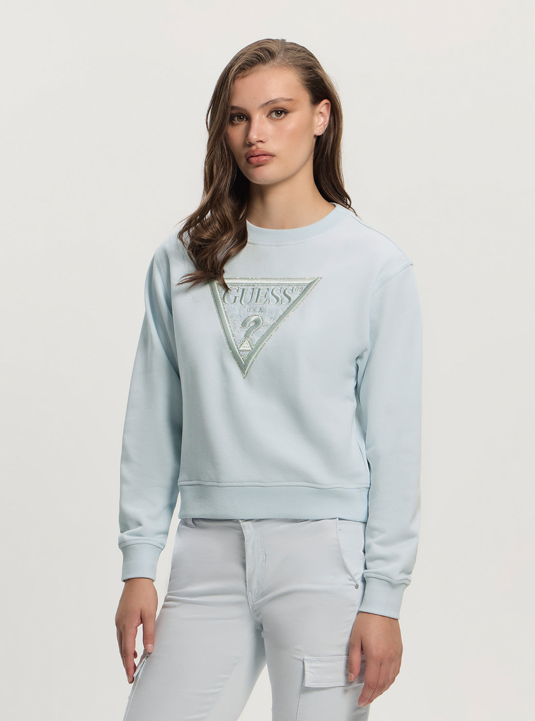 GUESS Womens Blue Lace Triangle Fleece Sweatshirt W5GQ12KBKM0 Front Side View