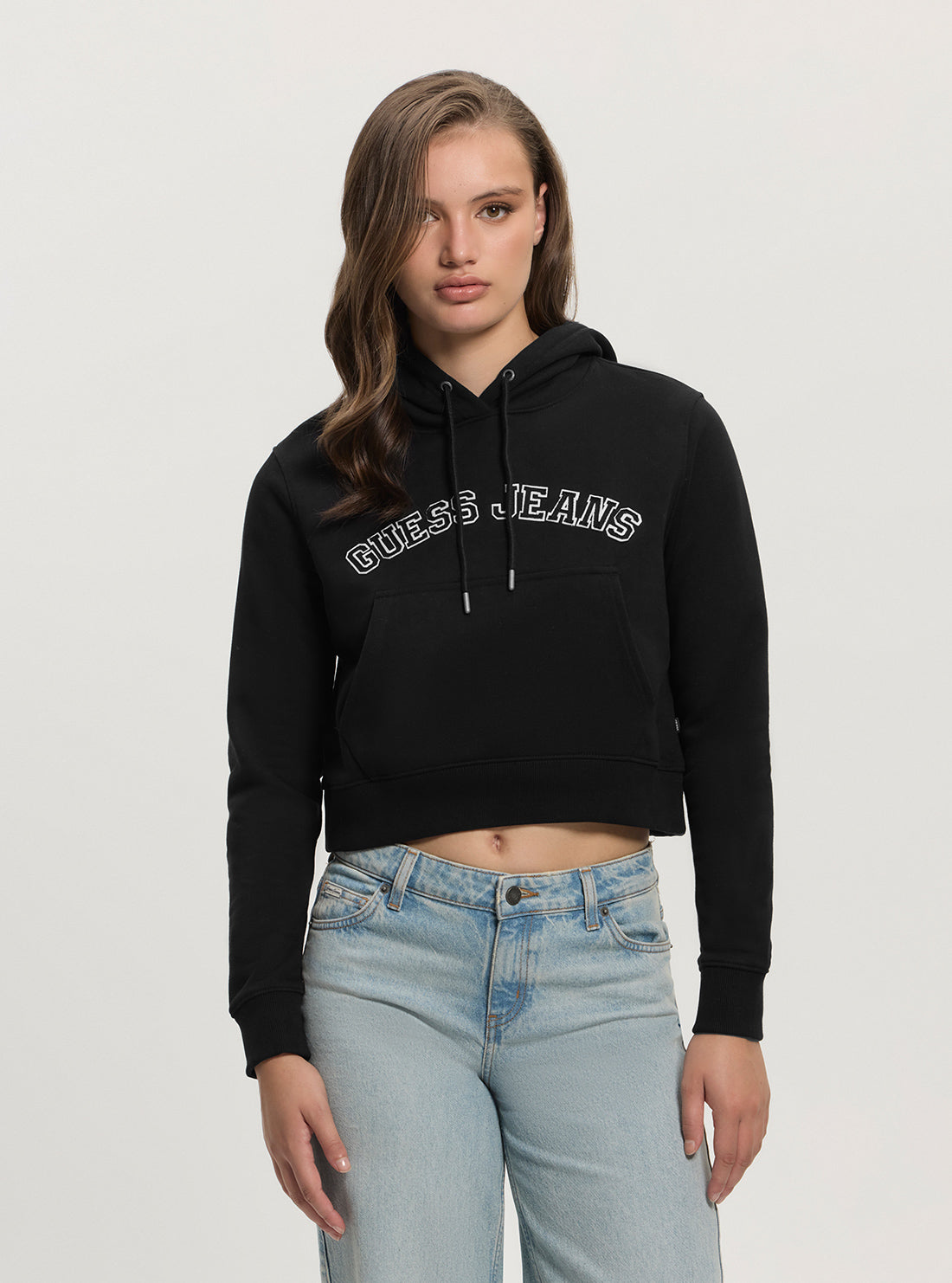 GUESS Women's Long Sleeve Hooded Crop Sweatshirt - Active Wear With All Over Logo Print