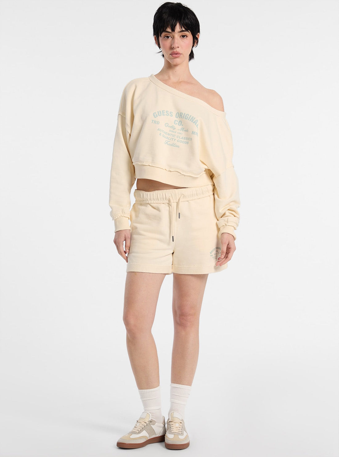 Guess Original Beige Go Boat Neck Distressed Sweatshirt W5GQ23K6814 Full View