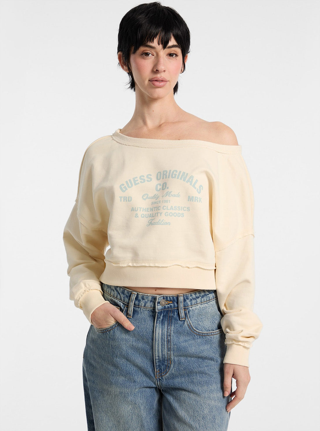 Guess Original Beige Go Boat Neck Distressed Sweatshirt W5GQ23K6814 Front View