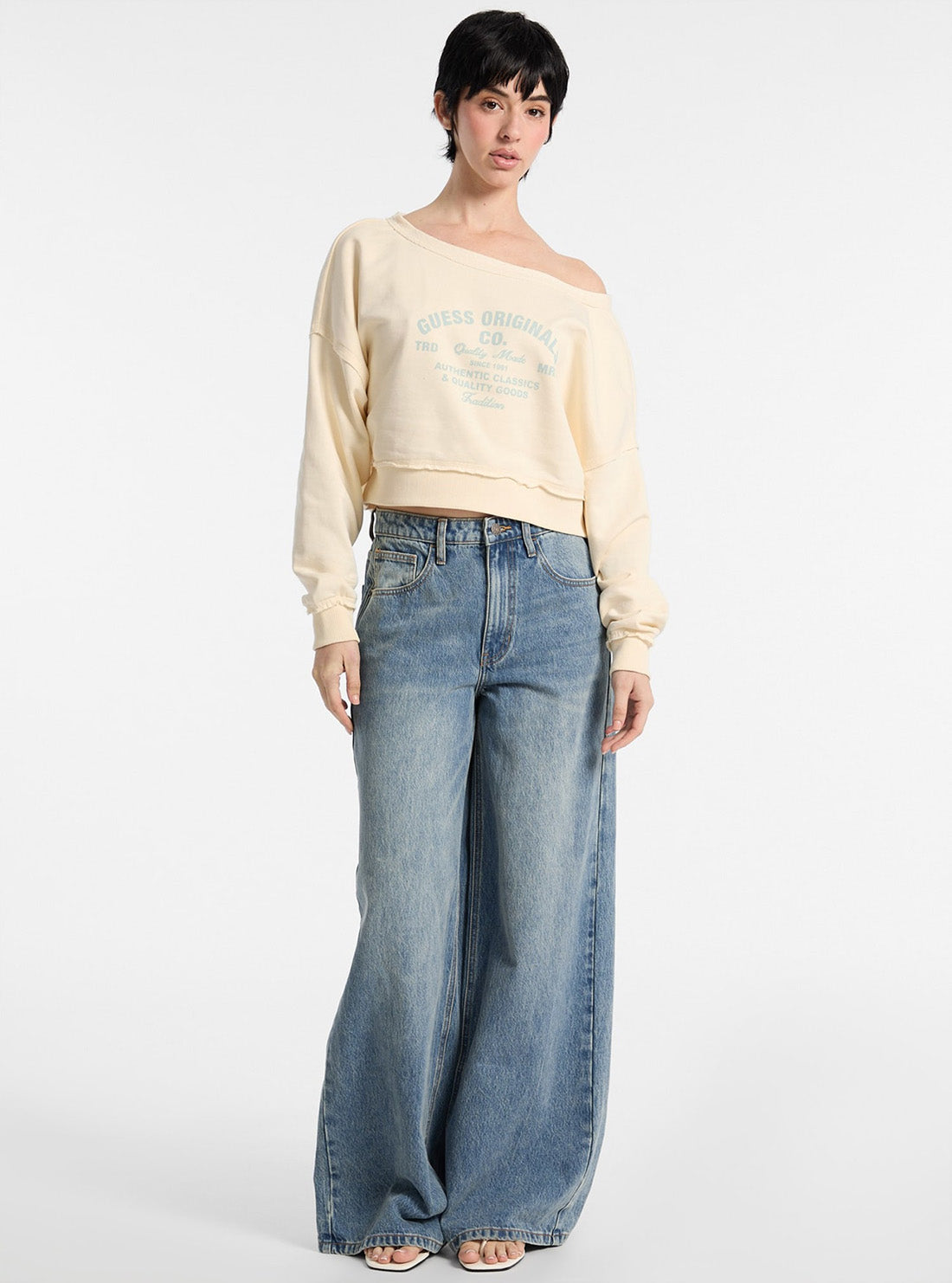 Guess Original Beige Go Boat Neck Distressed Sweatshirt W5GQ23K6814 Full View