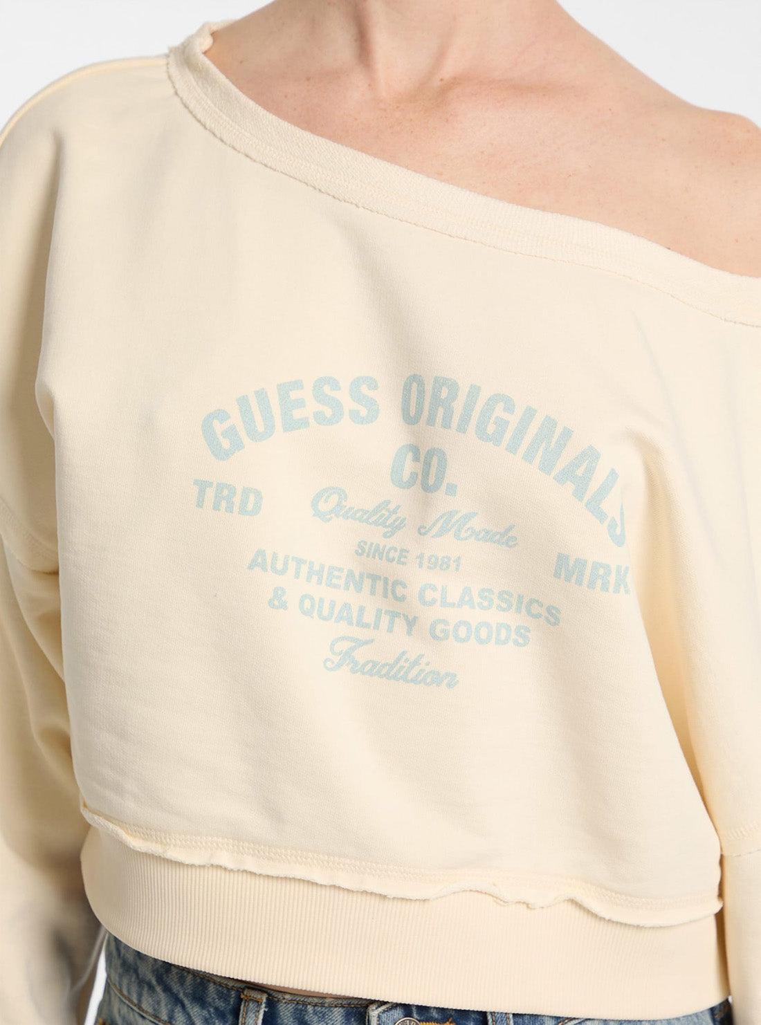 Guess Original Beige Go Boat Neck Distressed Sweatshirt W5GQ23K6814 Detail View