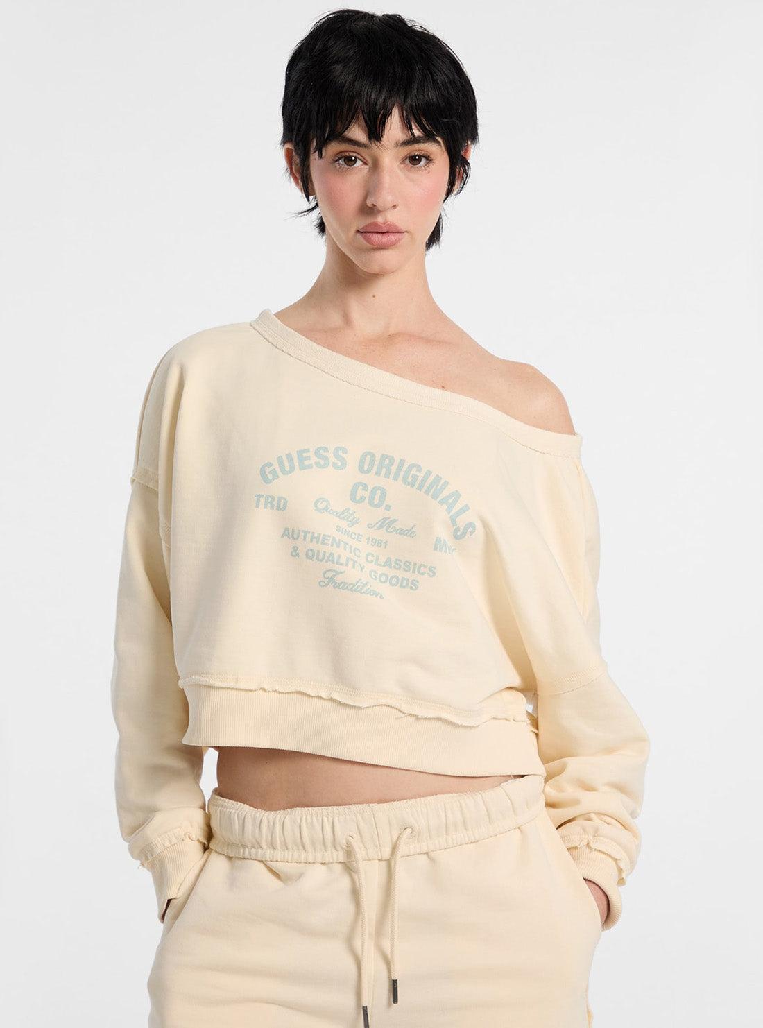 Guess Original Beige Go Boat Neck Distressed Sweatshirt W5GQ23K6814 Front View